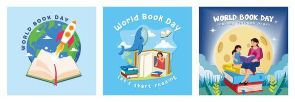 Book with flying rocket icon. Stack of books with full moon background. World Book Day concept vector