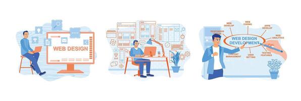 Man sketches web development and develops website on computer. vector