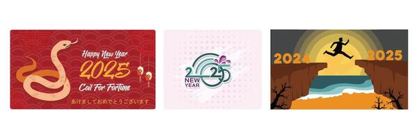 Festive New Year greeting card design featuring snakes, lanterns, numbers and ambition. vector