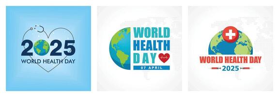Global health awareness day posters feature a globe, stethoscope, and health symbols. vector