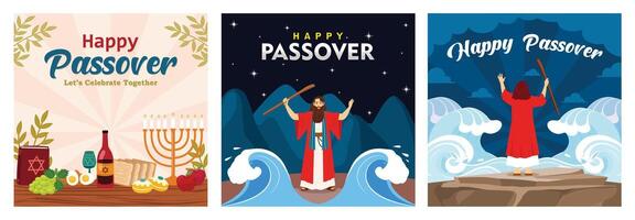 Easter meal with candles and holy book. Moses with a rod parted the Red Sea.Passover Day concept vector