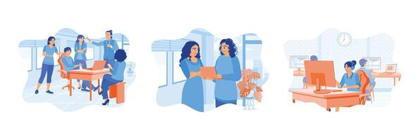 Two businesswomen work in an office, analyzing data and working on financial and marketing projects. vector