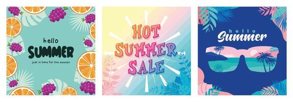 Summer text with fresh fruit and summer leaves. Colorful background. Summer beach with sunglasses. vector