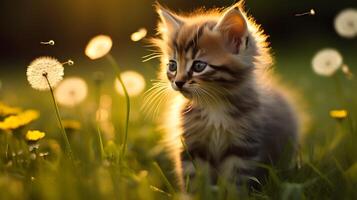 Playful kitten exploring dandelion field nature scene photography sunny environment close-up view whimsical adventure photo