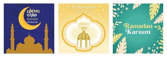 Ramadan greeting card with Arabic calligraphy showing mosque, crescent moon, stars and lanterns. vector