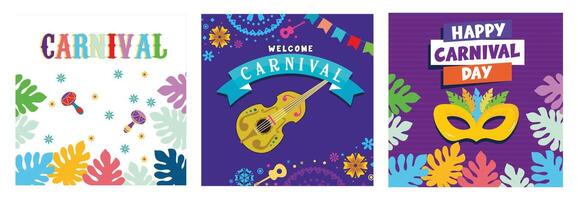 Vibrant Carnival-themed graphics with colorful masks, instruments and decorations. vector