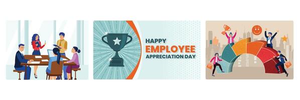 Employee Appreciation Day banner with a group of colleagues, trophies and symbols of satisfaction. vector