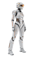 Futuristic white humanoid robot, sleek design, with glowing orange visor, intricate mechanical detailing, and streamlined armor emphasizing a modern technological aesthetic png