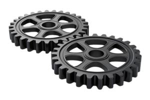 Two black metallic gears interlocked in perfect alignment, showcasing collaboration, mechanical harmony, and the essence of engineering functionality png
