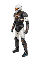 An advanced humanoid robot with a streamlined black-and-white design, orange neon accents, and glowing components emphasizing high-tech functionality and mobility png
