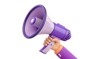 A purple megaphone held firmly, showcasing a stylish and unique approach to announcements or broadcasts png
