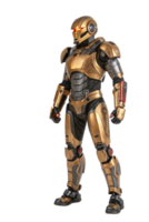 Chapado en oro humanoide robot con iluminado en rojo ojos y metálico brillo, destacando lujo, fuerza, y innovación en sus intrincado mecánico construcción png