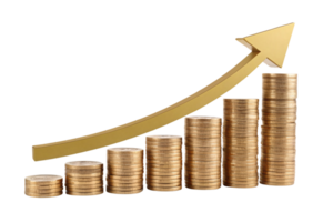 Increasing stacks of golden coins with a smooth upward green arrow, representing financial success and growth with an environmentally positive connotation png