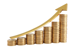 Piles of golden coins arranged in increasing height, with a smooth upward-curving golden arrow indicating consistent progress png