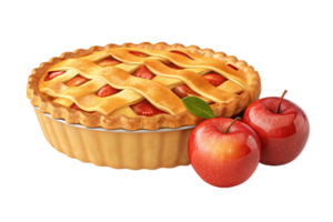 A detailed apple pie with vibrant red apple slices peeking through a golden lattice crust, accompanied by glossy whole apples nearby png