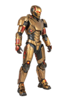Polished golden exosuit robot with glowing red features, segmented armor design balancing strength and elegance png