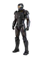 Tactical black-armored robot with orange-lit accents, exuding a powerful and combat-ready appearance, with reinforced plating and bold design png
