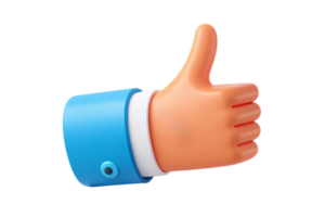 A 3D-rendered thumbs-up hand with a blue sleeve. The minimalist style highlights the smooth textures and playful, colorful presentation png