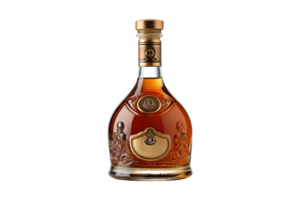 A prestigious bottle of premium liquor with artistic engravings and gold highlights, reflecting an aura of class and craftsmanship png
