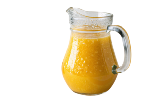 A transparent pitcher brimming with bright, pulpy orange juice. The glass condensation and frothy texture evoke refreshment and natural goodness png