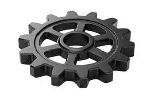 A single metallic gear, with sharp, precise teeth and a hollow center, presented in a polished black finish, evoking industrial efficiency png