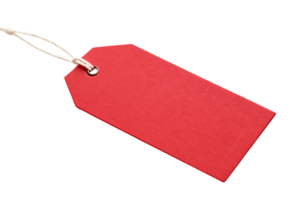 A bright red tag with a white string attachment, creating a contrast perfect for vibrant product labeling or decorative uses png