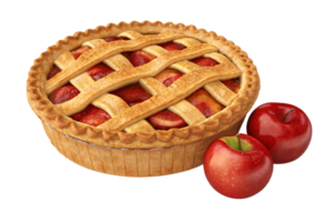 A rich apple pie topped with a precise lattice crust, its edges neatly crimped, paired with two shiny red apples for a homely vibe png