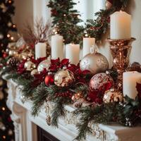 A beautifully decorated mantel with candles, ornaments, and greenery, creating a warm and festive Christmas ambiance. photo