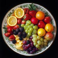 Plate of assorted fruits including oranges, strawberries, and grapes. The plate is white and has a green design photo