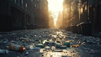 A striking urban street scene filled with trash and debris at sunrise, highlighting issues of waste and neglect in city environments. photo