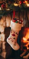 Cozy Christmas stocking filled with festive treats hanging by a warm fireplace, creating a holiday atmosphere. photo