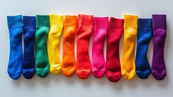 A row of colorful socks are lined up on a white surface. The socks are of different colors and sizes photo