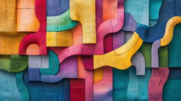 A vibrant abstract wooden wall art piece featuring colorful curved patterns and textured surfaces, perfect for modern decor. photo