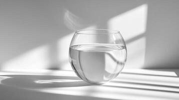 A clear glass bowl filled with water. The bowl is sitting on a white surface. The water is clear and there is no visible dirt or debris in it photo