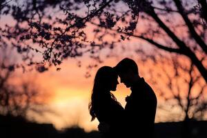 Couple Embraces During Sunset Under Cherry Blossoms photo