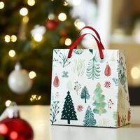 Christmas-themed gift bag with tree patterns, set against a backdrop of festive lights and decorations. photo