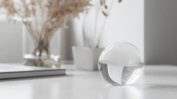 A serene minimalist interior featuring a glass sphere on a white desk, complemented by dried flowers and soft natural lighting. photo