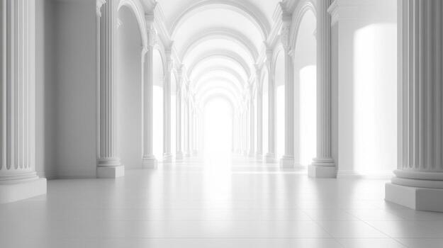 A stunning white marble hallway featuring classical columns and soft sunlight, creating a serene and elegant architectural scene. photo