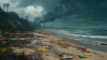 Dark clouds loom over a polluted beach, showcasing environmental neglect with trash and industrial smoke. This image raises awareness of coastal degradation and pollution. photo