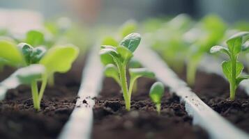 A row of young plants are growing in a garden. The plants are small and green, and they are growing in soil. The garden is well-maintained and he is thriving photo