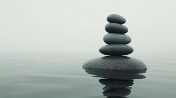A calming image of stacked stones on water, reflecting a minimalist and zen atmosphere with a soft green background. photo