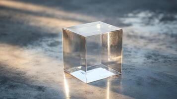 A clear glass cube resting on a concrete surface, illuminated by soft sunlight, casting gentle shadows. Perfect for modern and minimalist themes. photo