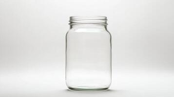 A high-resolution image of a clear glass mason jar against a white background, ideal for kitchen and storage themes. photo