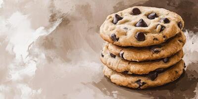 A stack of freshly baked chocolate chip cookies, showcasing their soft texture and rich chocolate chips, perfect for any dessert lover. photo