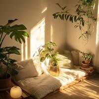 A tranquil corner with lush indoor plants, soft cushions, and warm sunlight creating a peaceful minimalist ambiance. photo