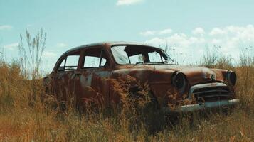 A rustic vintage car sits abandoned in an overgrown field, showcasing its rusty exterior. The scene captures a blend of nature reclaiming a forgotten relic under a bright sky. photo