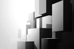 This artistic abstract image features a dynamic arrangement of monochrome geometric shapes, creating a striking interplay of light and shadow in a minimalistic style. photo