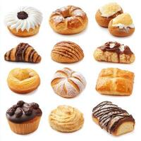 A collection of pastries, including donuts, croissants, and muffins, are displayed in a row photo