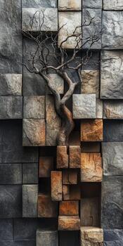 This artistic image showcases a bare tree intertwined with textured stone blocks, creating a striking contrast between nature and structure. Perfect for design themes. photo