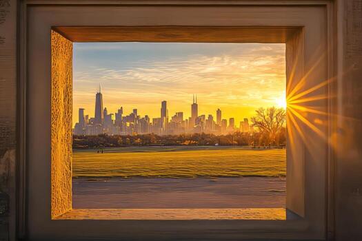Captivating view of Chicago skyline at sunset, framed by a window with a sunburst effect and vibrant sky. photo
